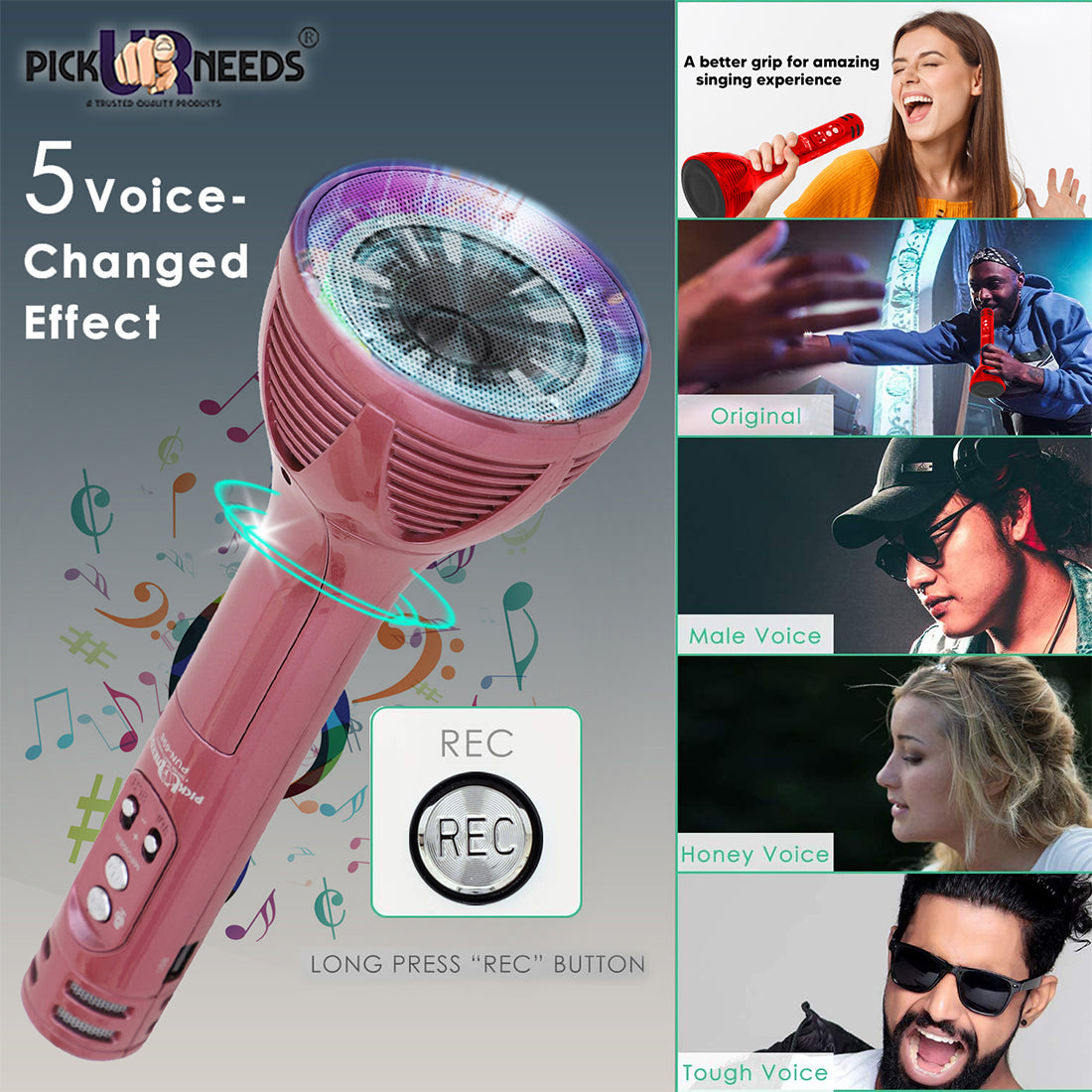 Pick Ur Needs Karaoke Mic with Led Light Wireless Bluetooth Microphone Connection Player Speaker 2-in1 with Recording + USB+FM